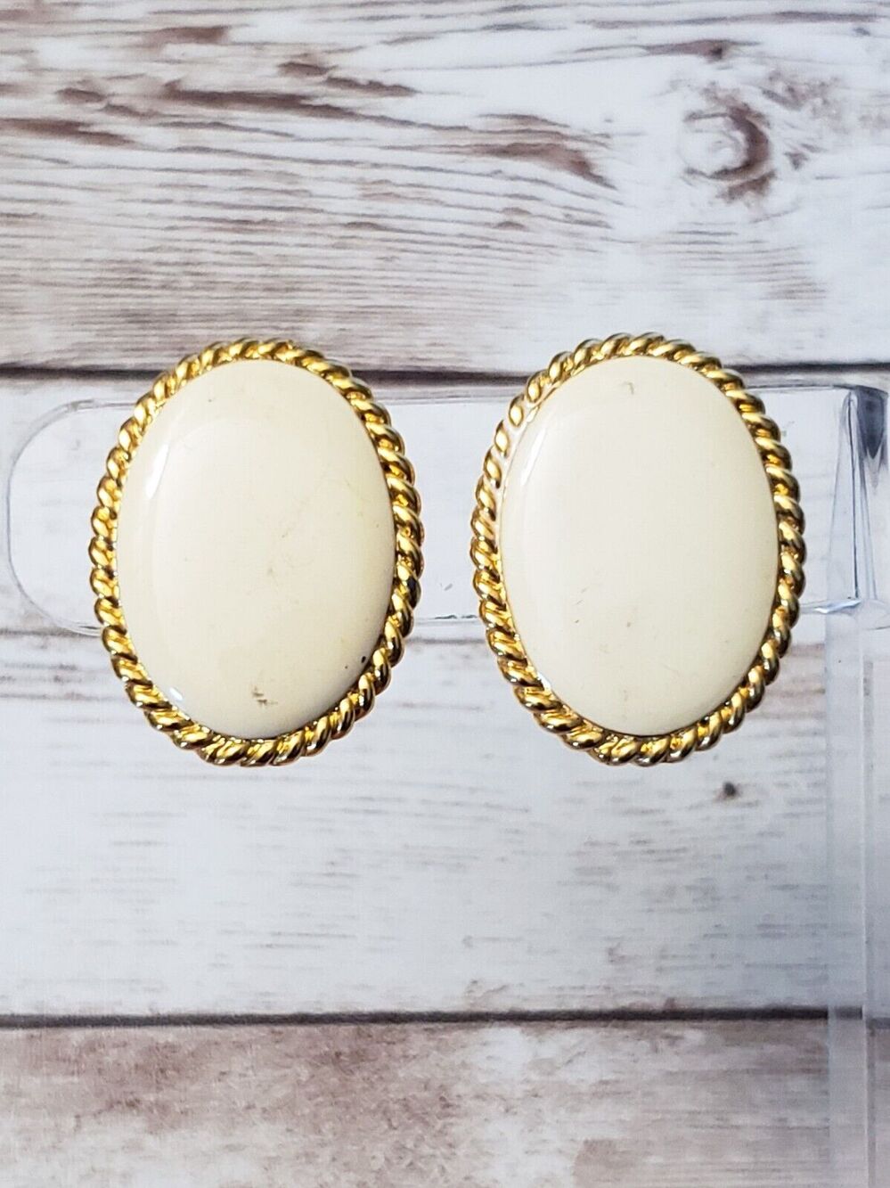 Vintage Clip On Earrings - Just Over 1 & 1/8" Cream & Gold Tone - Some Marks